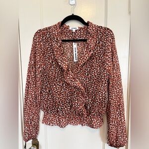 Steve Madden Brown Black & White Print Blouse Size L NWT